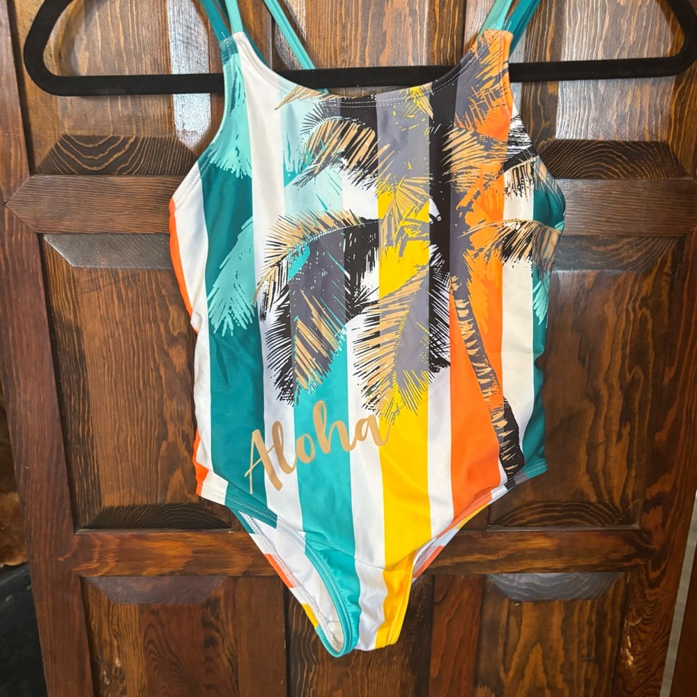 Wonder Nation Kids Swim One Piece - Teal, Orange, Yellow Palm Print